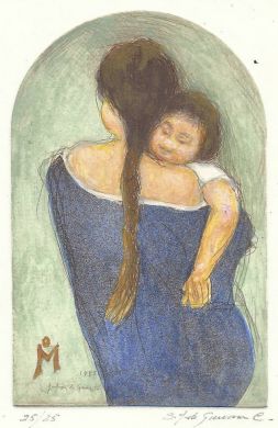 Etching - Mother & Child (color) - 5"x 3.5": click to enlarge