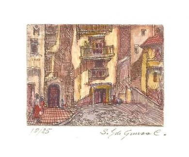 Etching - Spanish Village (color)  1.5"x 2" : click to enlarge
