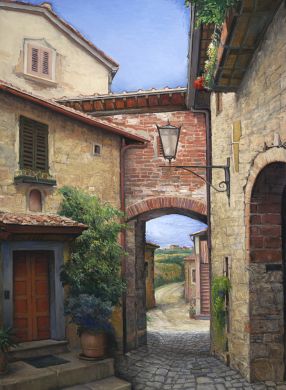 ***Italy -  Print -  Tuscan Courtyard - canvas  40x30 with custom wood frame $1890 : click to enlarge