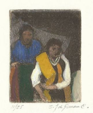 Etching - Two Indian Women (color) - 2"x 1": click to enlarge