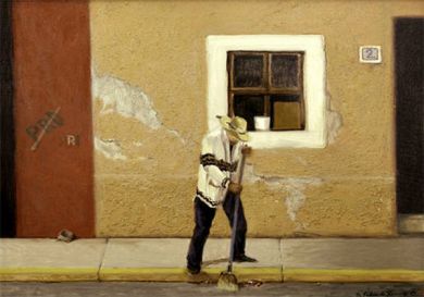 ***Mexico - Print - Barriendo - 24x30 canvas framed carved wood with silver filet $950 .: click to enlarge